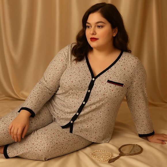 Secret Treasures Sleepwear Set Size 2X Gray Red Floral Button Top Pants Loungewe - Picture 1 of 14